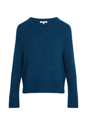 Dunkelblauer Strickpullover mit strukturiertem Muster, rundem Halsausschnitt und langen Ärmeln. Mit gerippten Bündchen und Saum. Weicher Stoffabschluss.