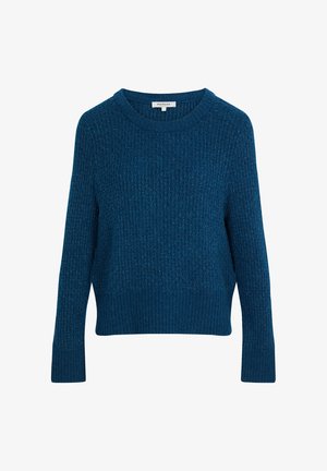 Dunkelblauer Strickpullover mit strukturiertem Muster, rundem Halsausschnitt und langen Ärmeln. Mit gerippten Bündchen und Saum. Weicher Stoffabschluss.