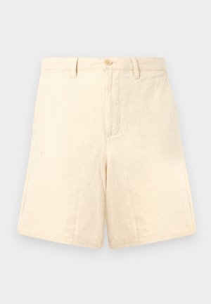 Beige linen shorts with a tailored fit, featuring a front button closure, two side pockets, and subtle texture.