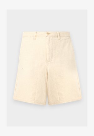 Beige lennadrág, testre szabott szabással, elején gombos záródással, két oldalsó zsebbel és diszkrét textúrával.