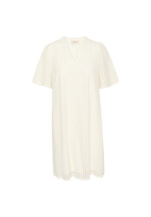 Hvid kjole med korte ærmer og v-udskæring, fremstillet af tekstureret stof og med en løs pasform. Detaljer inkluderer mønstret broderi overalt.