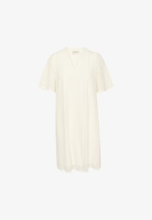 Bela kratka obleka s kratkimi rokavi in V-izrezom, izdelana iz teksturirane tkanine in ohlapnega kroja. Vsebuje podrobnosti z vzorčnim vezenjem po celotni obleki.