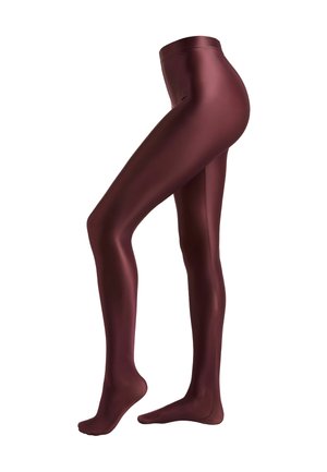 Leggings opaques bordeaux avec une finition lisse et brillante ; taille haute ; design ajusté ; côtés sans coutures ; longueur cheville.