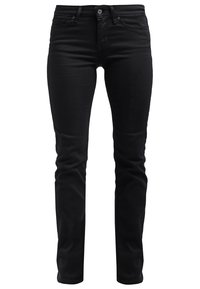 Vista frontal de unos vaqueros de mezclilla negros de corte ajustado con cierre de botón y cremallera, cinco bolsillos y trabillas para cinturón.