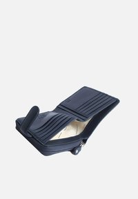 Navy leather wallet with a zip closure, multiple card slots, and a smooth texture. Inner lining is a lighter fabric with minimal stitching.