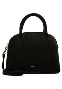 Sort ruskindshåndtaske med dobbelte, afrundede håndtag, aftagelig skulderrem, glat tekstur og subtile logo i bunden foran.