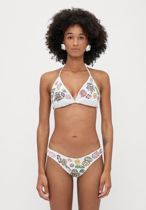 White bikini with triangle top and matching bottom. Features colorful embroidered marine life and plant designs. Textured fabric.