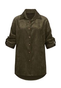 Olijfgroene corduroy blouse met een kraag, knoopsluiting aan de voorkant en opgerolde mouwen. Heeft een getextureerde stof en een afgeronde zoom.