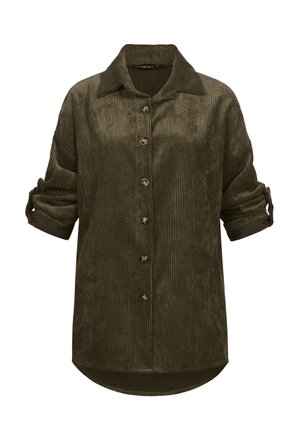 Olijfgroene corduroy blouse met een kraag, knoopsluiting aan de voorkant en opgerolde mouwen. Heeft een getextureerde stof en een afgeronde zoom.