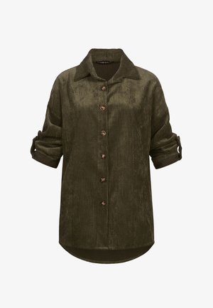 Košilová košile z olivově zeleného manšestru s límečkem, zapínáním na knoflíky a vyhrnutými rukávy. Má strukturovanou látku a zaoblený spodní okraj.