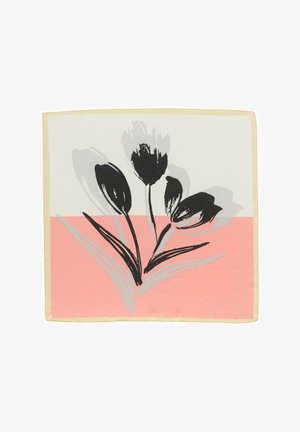 Jedwabny szal z beżową obwódką, jedną połową jasnoszarym, drugą różowym tłem, z czarno-szarymi ilustracjami tulipanów na środku.