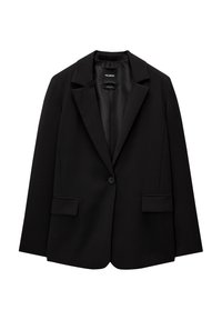 Veste noire à la coupe structurée, avec un col à revers cranté, une fermeture à un bouton et deux poches avant. Texture de tissu lisse.