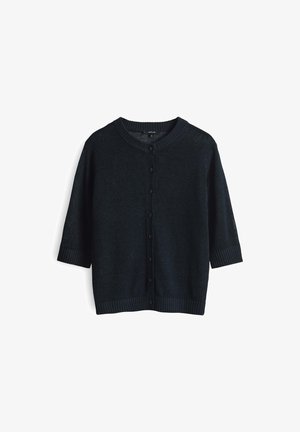 Cardigan bleu marine foncé avec un col rond, fermeture à boutons, manches trois-quarts, bords côtelés et ourlet, fabriqué à partir d'un tissu tricoté texturé.