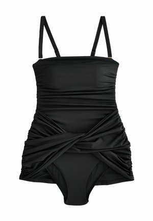 Čierne jednodielne plavky s tenkými ramienkami a detailmi nariasenej látky, s prekrývajúcou sukňovou vrstvou s prekrúteným predným dizajnom.