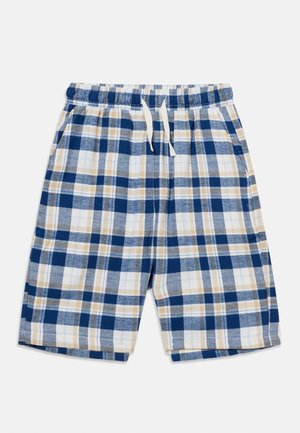 Blå, hvide og beige ternede bomuldsshorts med elastisk taljebånd og hvid snøre, med sidelommer.