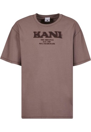 Bruine katoen T-shirt met korte mouwen, ronde halslijn en grafische afdruk met de tekst "KANI THE ORIGINAL EST. 1989" in donkere letters.