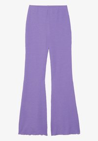 Lilla flagrende bukser laget av strikket stoff, med en bred ben-design og en bølget kant nederst. Elastisk midjebånd for komfort.