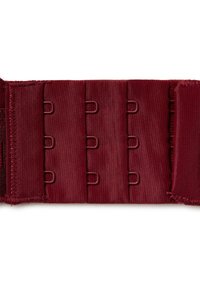 Bordeaux kleuren stof band met meerdere lussen voor bevestiging, gladde textuur, en randen licht rafelig. Ontworpen voor verstelbaar gebruik.