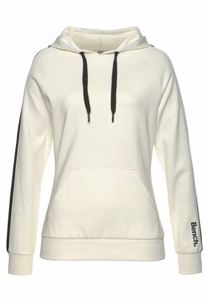 Weißer Kapuzenpulli mit schwarzen Zugbändern, seitlichen Einsätzen und einer vorderer Tasche. Enthält das schwarze "Bench."-Logo auf dem Ärmel. Baumwollmischgewebe.