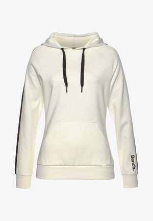 White hooded sweatshirt with black drawstrings, side panels, and front pocket. Features "Bench." logo in black on the sleeve. Cotton blend material.