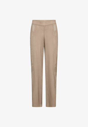 Pantalon en mesh beige taille haute, coupe droite et taille élastique, avec un motif texturé subtil.
