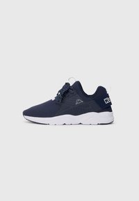 Navy blue athletic sneaker with white sole, patterned laces, mesh upper, and branded heel strap on a white background.
