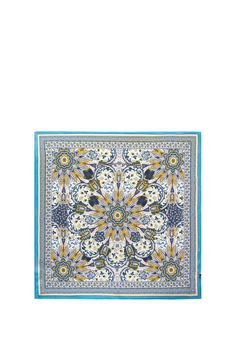 Foulard en soie présentant un motif floral et géométrique en bleu, or et blanc, avec une bordure turquoise. Forme carrée avec des accents détaillés.