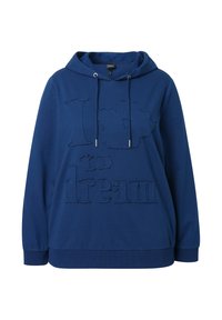 Modrá mikina s kapucí a stahovacími šňůrkami, na přední straně s texturou textu "I [květina] to dream".