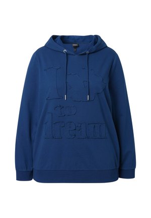 Modrá mikina s kapucí a stahovacími šňůrkami, na přední straně s texturou textu "I [květina] to dream".