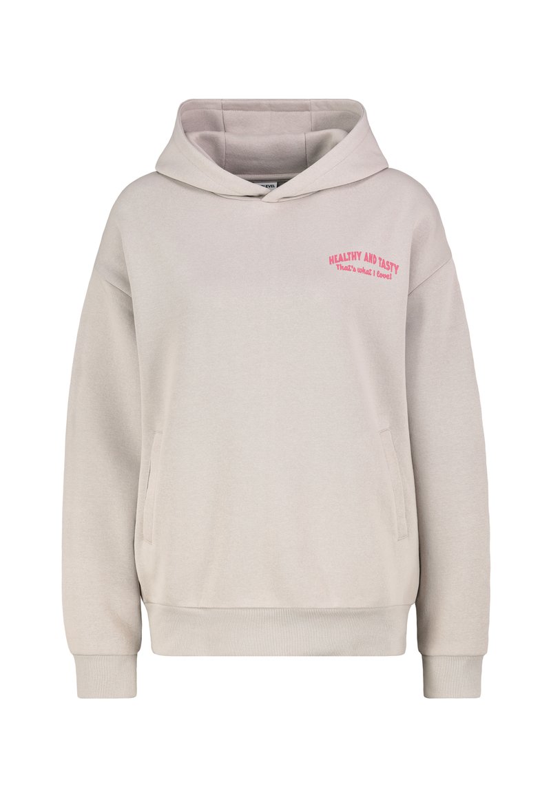 Hellbeige Kapuzenjacke mit einer Kängurutasche, gerippten Bündchen und pinkem besticktem Schriftzug. Weicher Stoff, lässige Passform und Kapuzendesign.