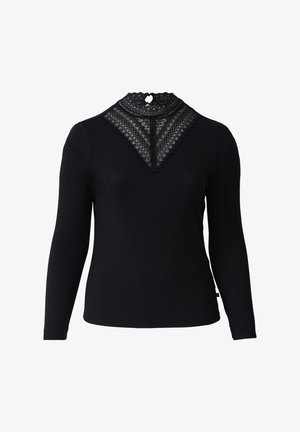 Zwarte lange mouwen top met een hoge kanten kraag met een hartvormige uitsnede en textuurkantdetails rond de halslijn.