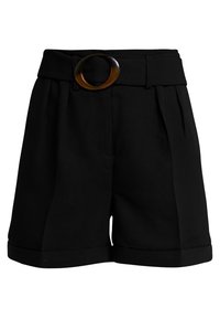 Shorts noirs à taille haute, avec un devant plissé et des revers larges. Dotés d'une ceinture avec une grande boucle ronde en écaille de tortue. Texture lisse.