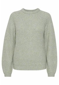 Helles grünes Strickpullover mit gerippter Textur, rundem Ausschnitt und Ballonärmeln. Hat eine lockere Passform und dezente Musterdetails.