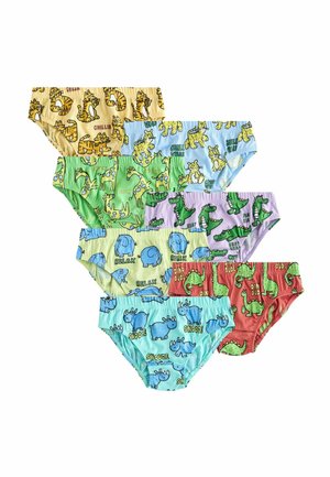 Sieben bunte Kinderunterhosen mit Aufdrucken von Comic-Tieren, darunter Tiger, Giraffen, Krokodile, Elefanten und Dinosaurier, in Fächerform angeordnet.