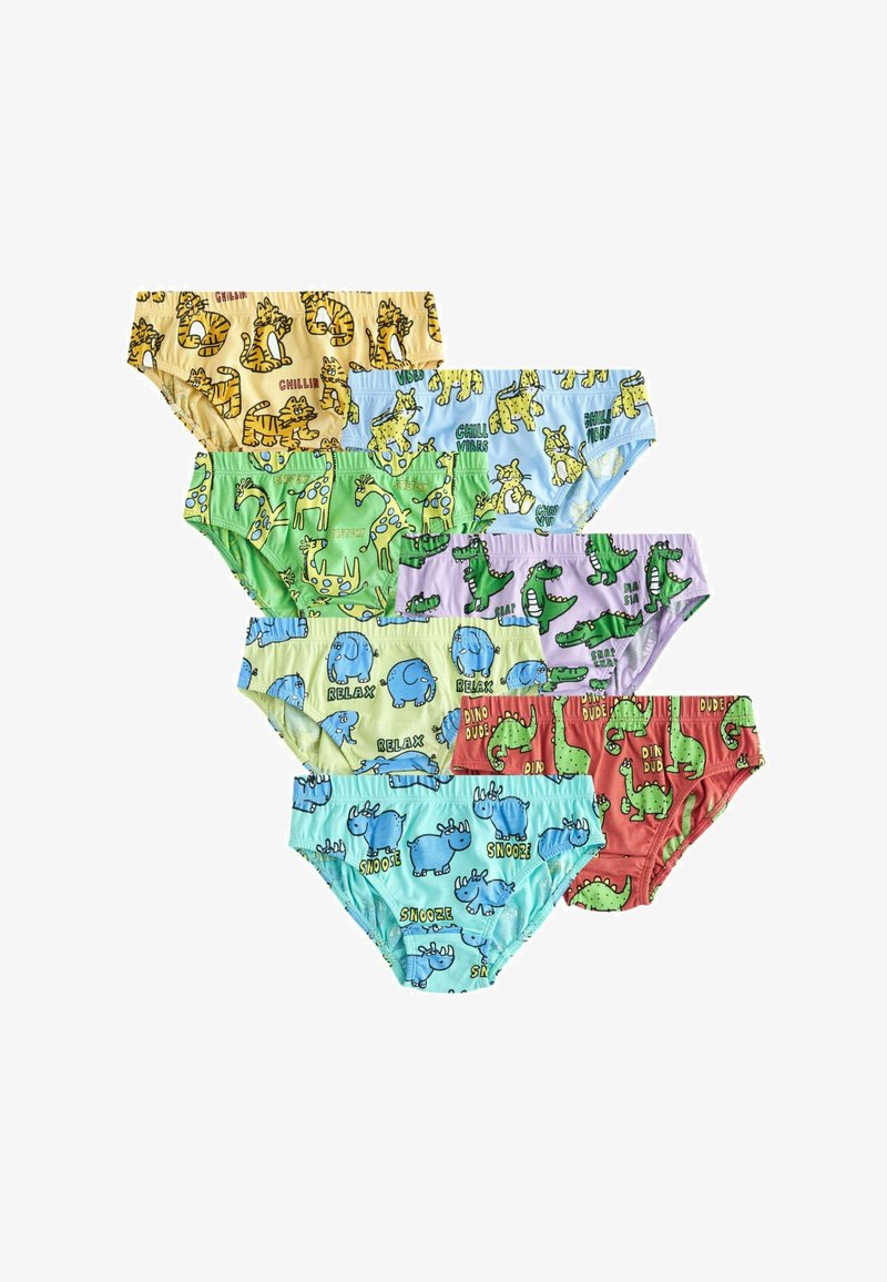 Sept culottes colorées pour enfants avec des imprimés d'animaux de dessin animé, comprenant des tigres, des girafes, des crocodiles, des éléphants et des dinosaures, disposées en éventail.