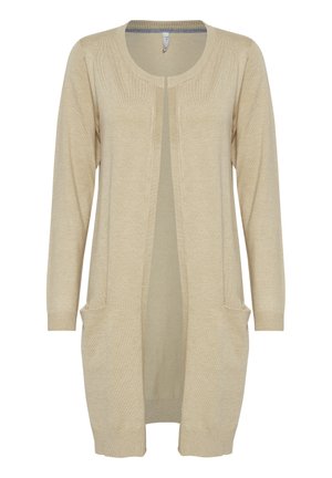 Cardigan beige con maniche lunghe, apertura frontale e due tasche anteriori. Realizzato in morbido tessuto a maglia con polsini e orlo a coste.
