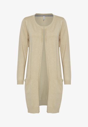 Cardigan beige con maniche lunghe, apertura frontale e due tasche anteriori. Realizzato in morbido tessuto a maglia con polsini e orlo a coste.