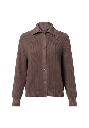 Bruine gebreide cardigan met een kraag, knoopsluiting en geribde manchetten en zoom. Gelaagde stof met een zachte afwerking.