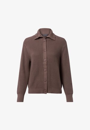Brązowy dzianinowy kardigan z kołnierzykiem, zapięciem na guziki oraz ściągaczami przy rękawach i dole. Teksturowany materiał o miękkim wykończeniu.