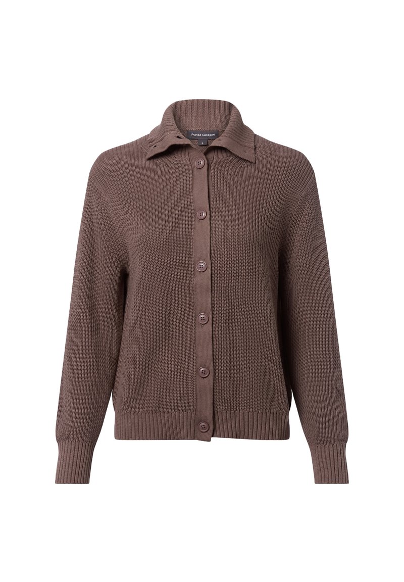 Brązowy dzianinowy kardigan z kołnierzykiem, zapięciem na guziki oraz ściągaczami przy rękawach i dole. Teksturowany materiał o miękkim wykończeniu.