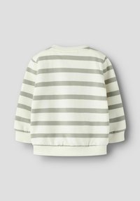 Sweat-shirt à manches longues à rayures horizontales blanches et gris clair avec poignets et ourlet côtelés, vu de dos.