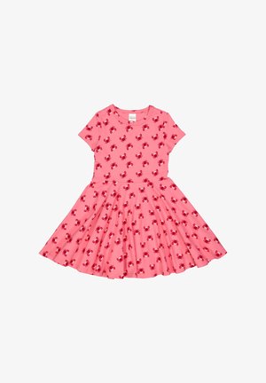 Abito rosa realizzato in tessuto morbido con corsetto aderente e gonna a campana. Presenta un motivo ripetuto di granchi rossi su tutto l'abito. Maniche corte.