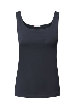 Mörk marinblå tanktopp tillverkad av ett slätt, stretchigt tyg. Har en rundad halsringning och smala axelband. Enkel och enfärgad design.