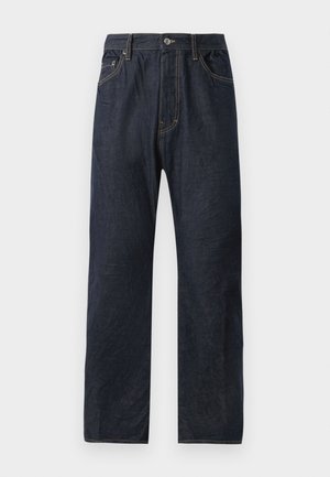 Dunkelblaue Denim-Jeans mit geradem Bein, ausgestattet mit fünf Taschen, dezenten Nähten und einem Knopfverschluss am Bund.
