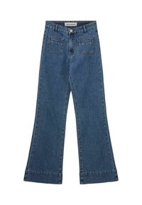 Ripot korkeavyötäröiset farkut, joissa on leveät lahkeet, valmistettu sinisestä denimistä. Ominaisuuksiin kuuluu etutaskut, nappikiinnitys sekä lahje, jossa on lievä levennys. Siisti viimeistely.