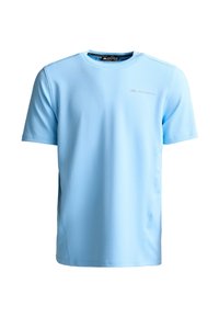 T-shirt de sport bleu clair à manches courtes avec col rond et logo "Monterrain" sur le haut gauche de la poitrine.