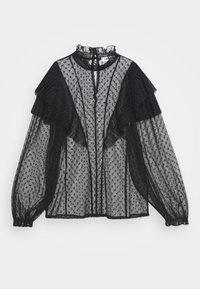 Schwarze durchsichtige Bluse mit Punkten, geschichteten Rüschensäumen, hohem Kragen und gefütterten langen Ärmeln. Mit einer Knopfverschluss hinten.
