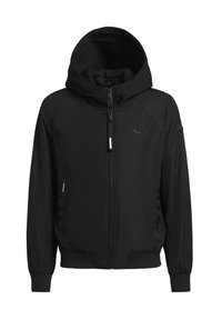 Veste zippée noire avec capuche, en tissu lisse, munie de poignets élastiques et de poches latérales. Détail de logo discret sur la poitrine.