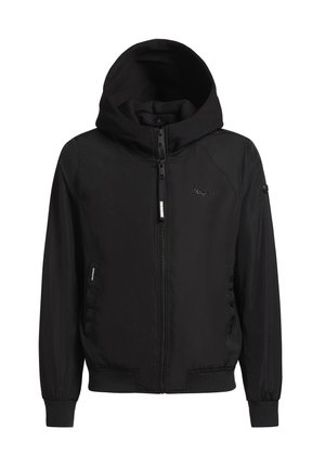 Giacca nera con zip e cappuccio, realizzata in tessuto morbido, con polsini elasticizzati e tasche laterali. Dettaglio del logo discreto sul petto.