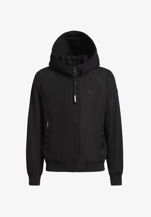 Geacă neagră cu fermoar și glugă, realizată dintr-un material neted, cu manșete elastice și buzunare laterale. Detaliu subtil al logo-ului pe piept.